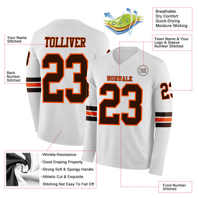 Custom White Brown-Orange Long Sleeve Authentic Football Jersey