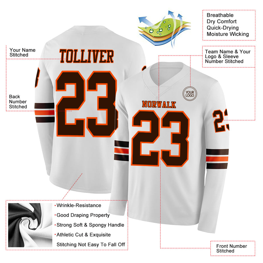 Custom White Brown-Orange Long Sleeve Authentic Football Jersey