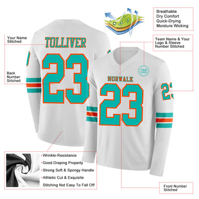 Custom White Aqua-Orange Long Sleeve Authentic Football Jersey