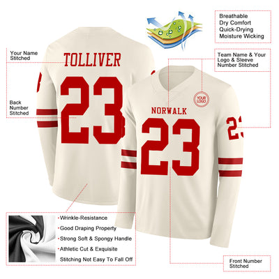 Custom Cream Red Long Sleeve Authentic Football Jersey