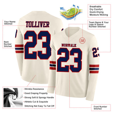 Custom Cream Navy-Red Long Sleeve Authentic Football Jersey
