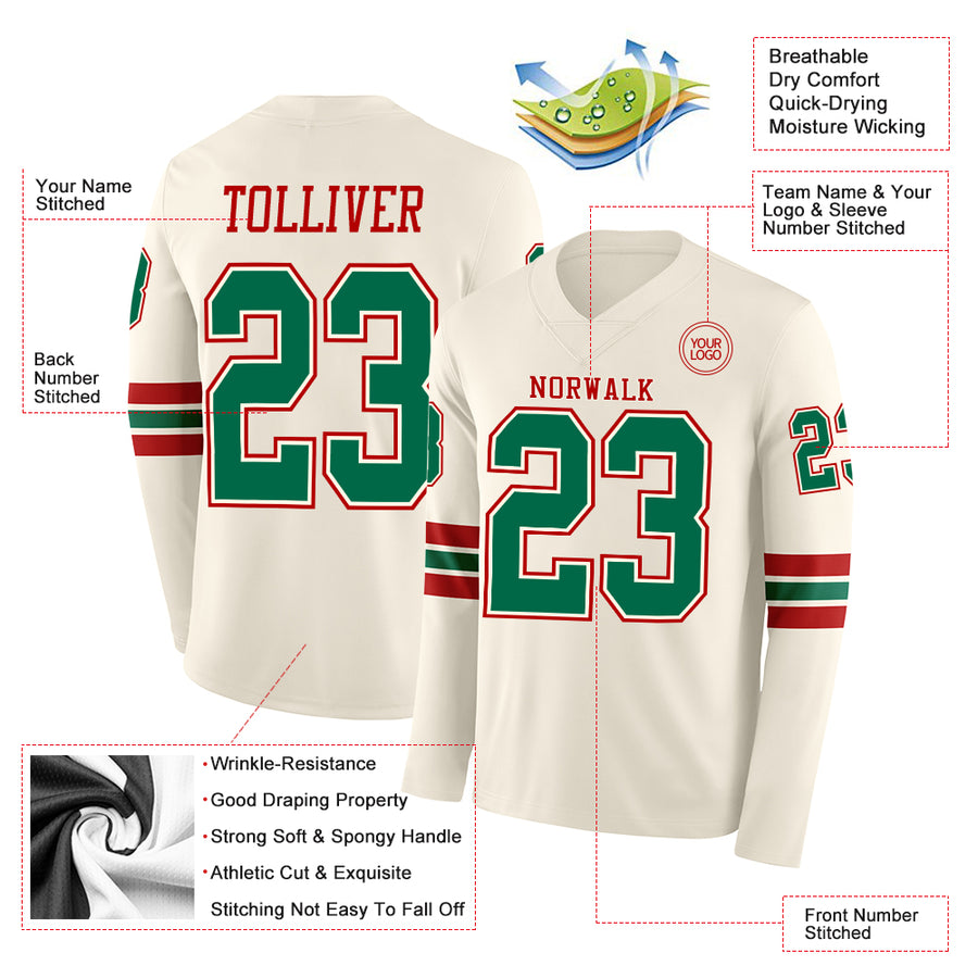 Custom Cream Kelly Green-Red Long Sleeve Authentic Football Jersey