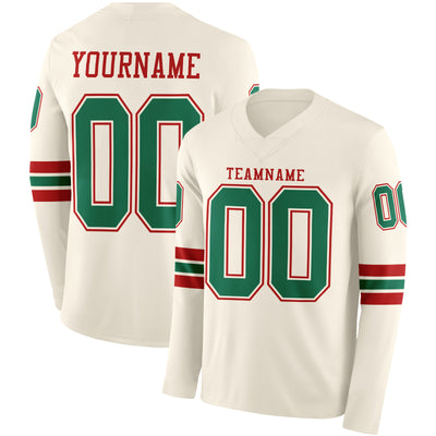 Custom Cream Kelly Green-Red Long Sleeve Authentic Football Jersey