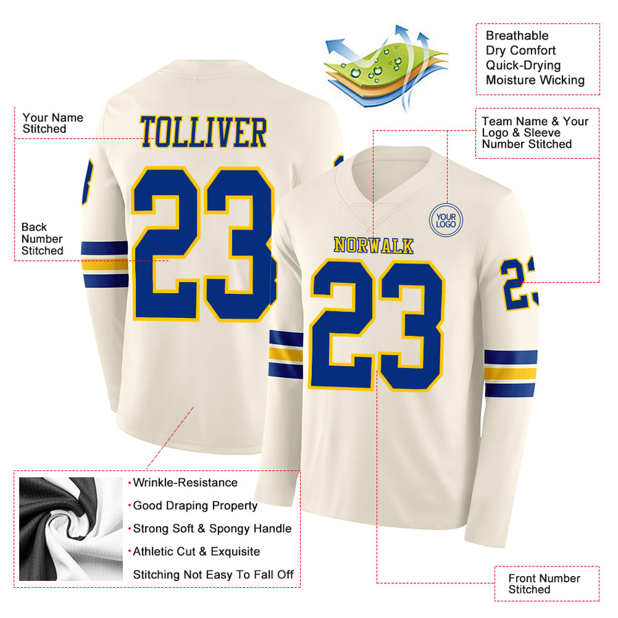 Custom Cream Royal-Yellow Long Sleeve Authentic Football Jersey