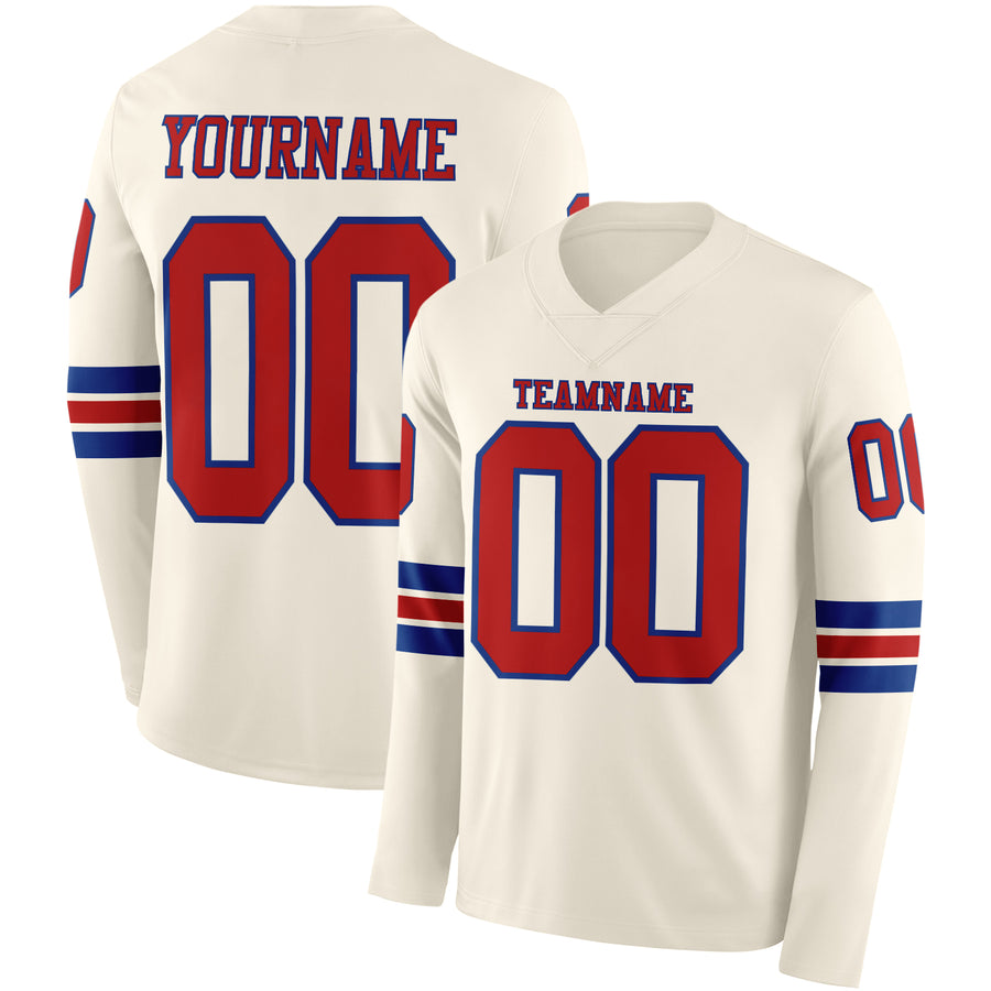 Custom Cream Red-Royal Long Sleeve Authentic Football Jersey