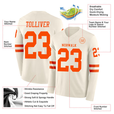 Custom Cream Orange Long Sleeve Authentic Football Jersey
