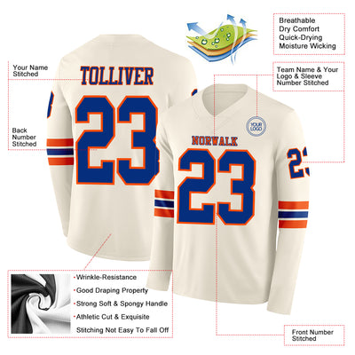 Custom Cream Royal-Orange Long Sleeve Authentic Football Jersey
