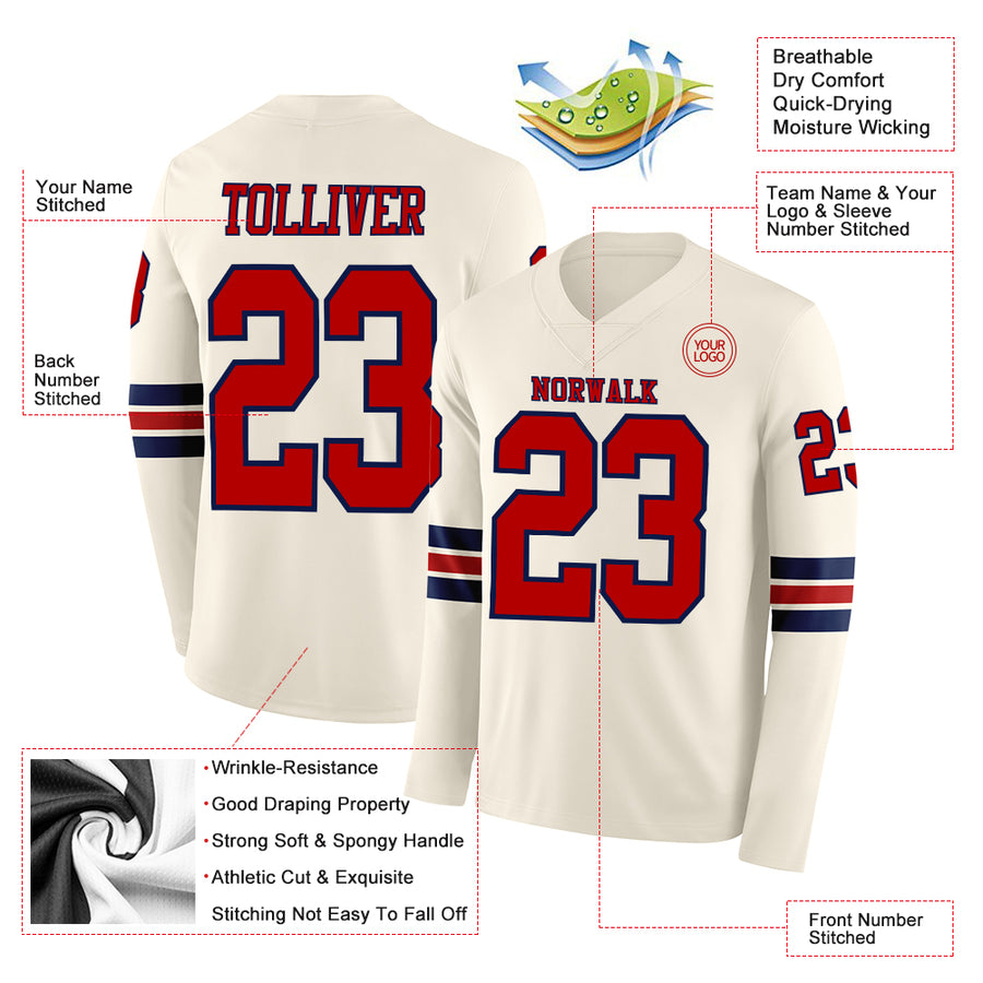 Custom Cream Red-Navy Long Sleeve Authentic Football Jersey