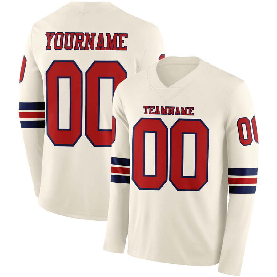 Custom Cream Red-Navy Long Sleeve Authentic Football Jersey