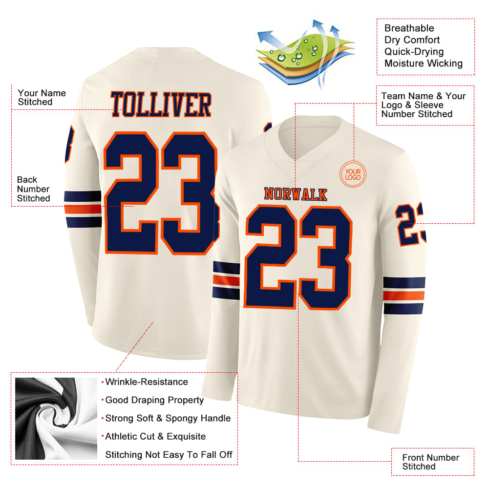 Custom Cream Navy-Orange Long Sleeve Authentic Football Jersey