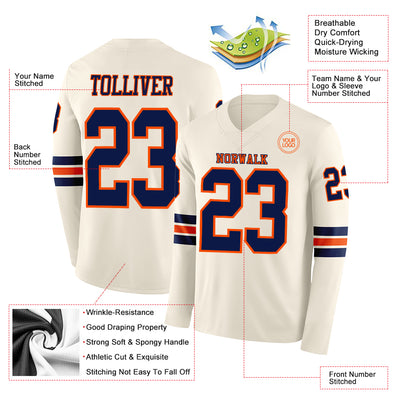 Custom Cream Navy-Orange Long Sleeve Authentic Football Jersey