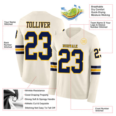 Custom Cream Navy-Gold Long Sleeve Authentic Football Jersey