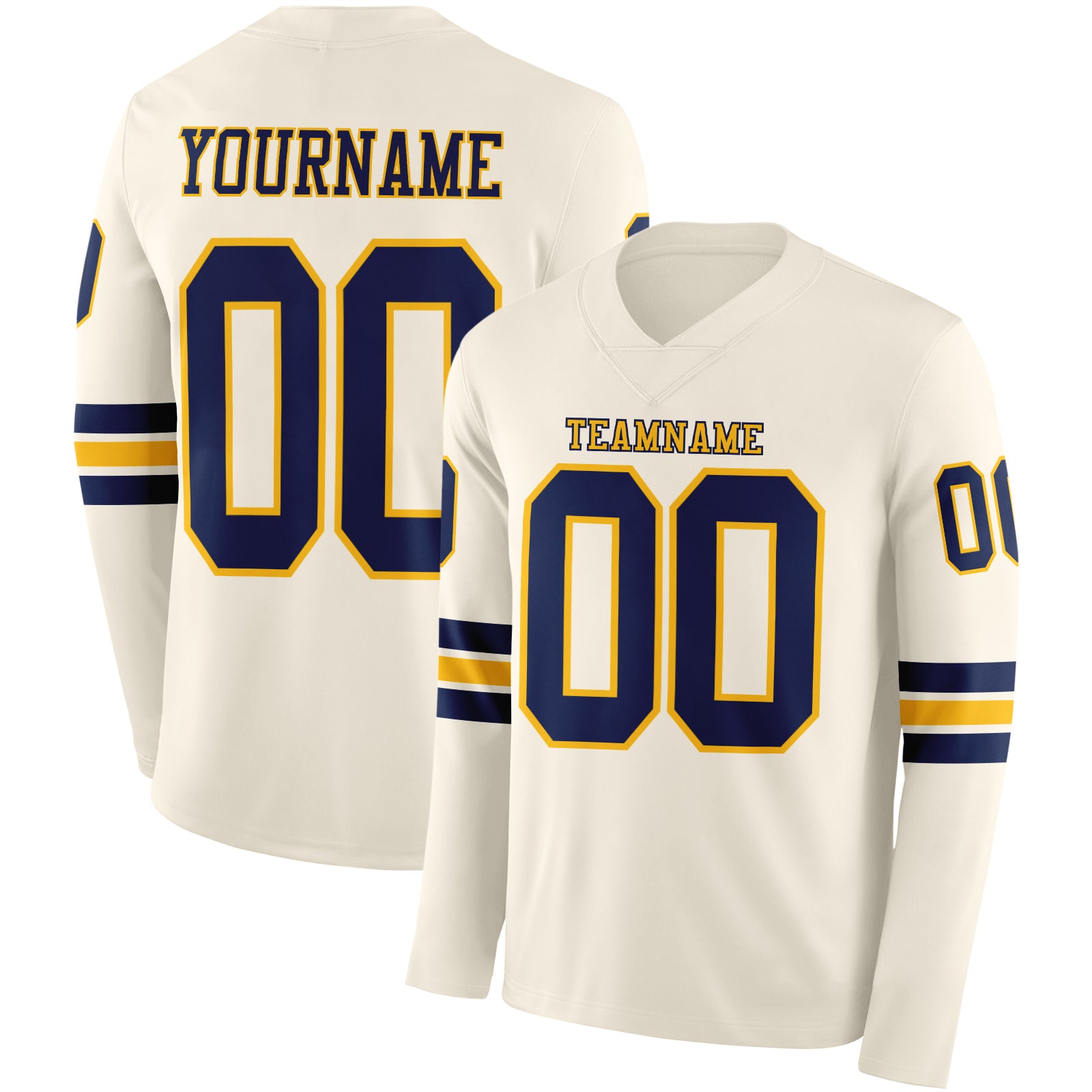 Custom Cream Navy-Gold Long Sleeve Authentic Football Jersey