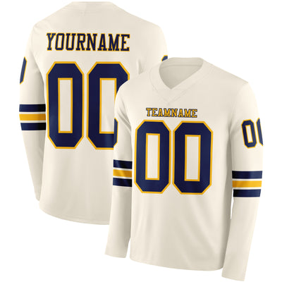 Custom Cream Navy-Gold Long Sleeve Authentic Football Jersey