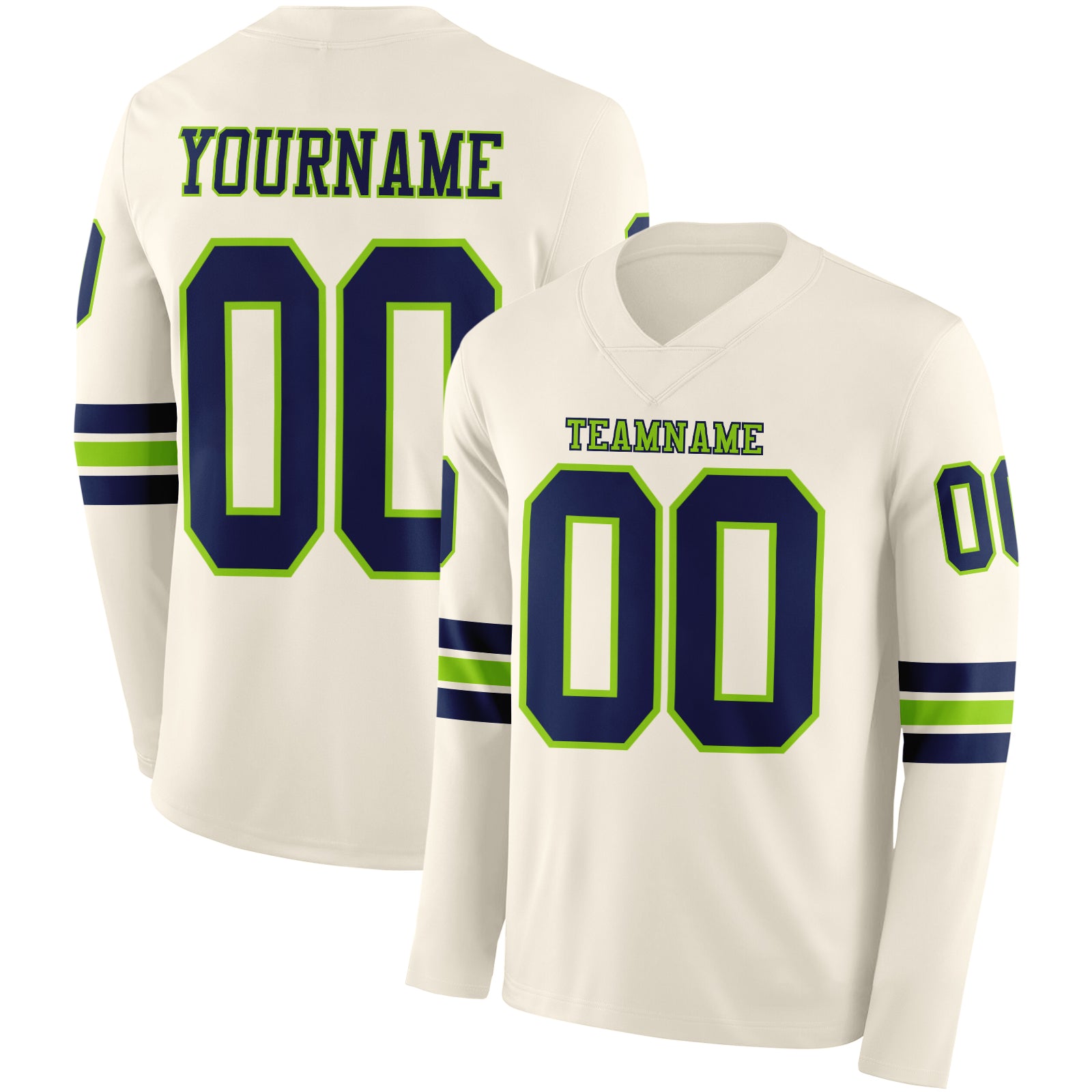 Custom Cream Navy-Neon Green Long Sleeve Authentic Football Jersey