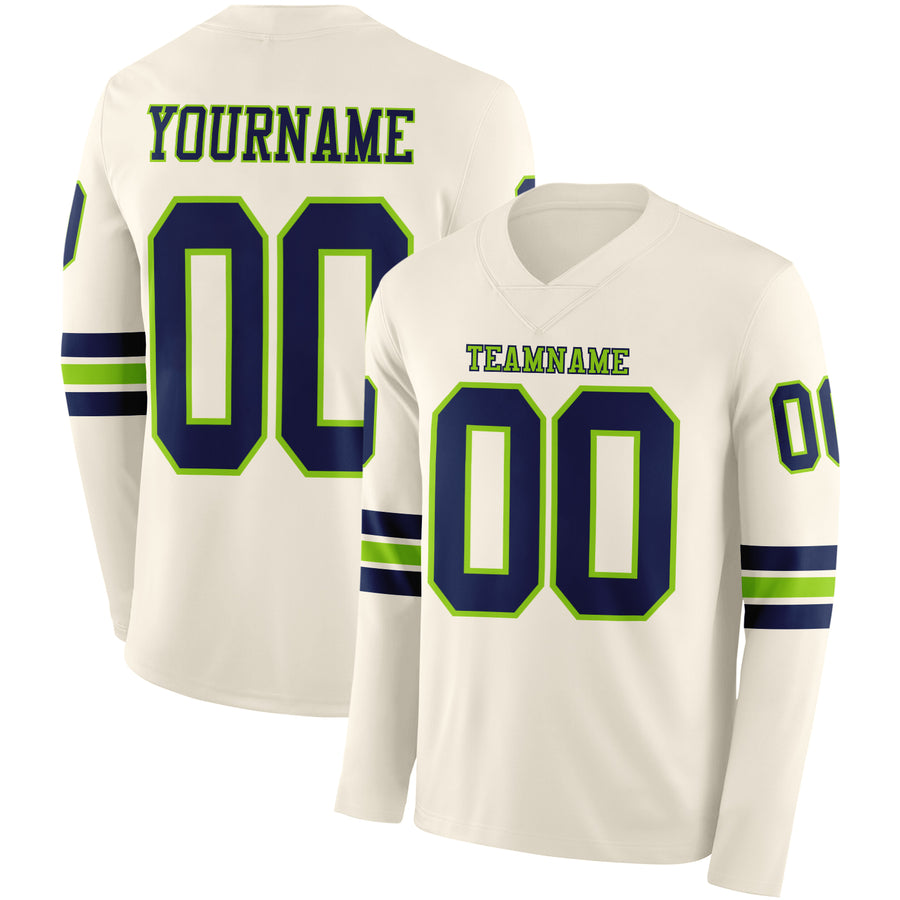 Custom Cream Navy-Neon Green Long Sleeve Authentic Football Jersey