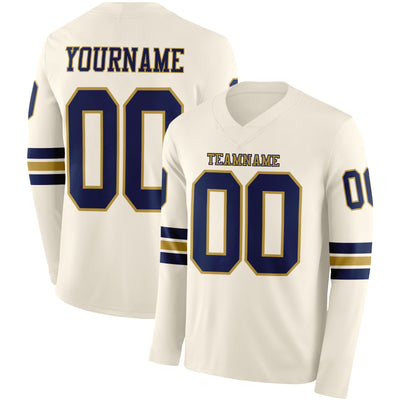 Custom Cream Navy-Old Gold Long Sleeve Authentic Football Jersey