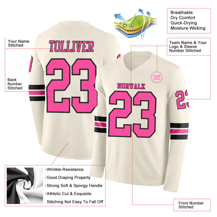 Custom Cream Pink-Black Long Sleeve Authentic Football Jersey