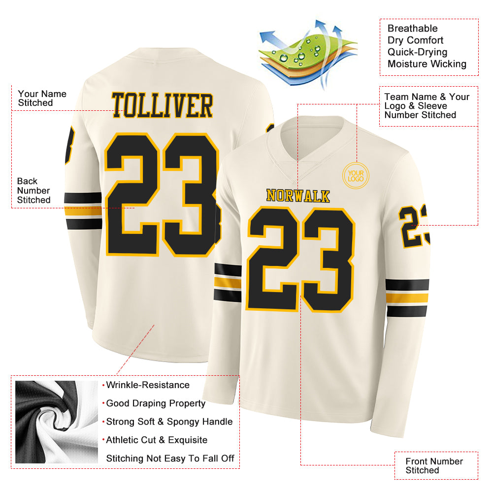 Custom Cream Black-Gold Long Sleeve Authentic Football Jersey