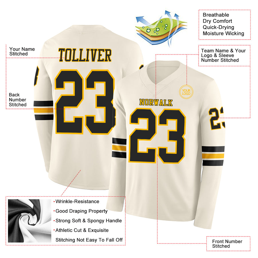 Custom Cream Black-Gold Long Sleeve Authentic Football Jersey