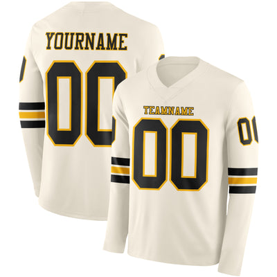Custom Cream Black-Gold Long Sleeve Authentic Football Jersey
