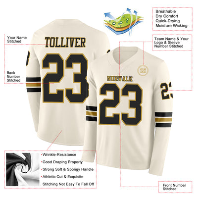 Custom Cream Black-Old Gold Long Sleeve Authentic Football Jersey