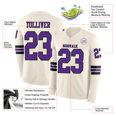 Custom Cream Purple-Black Long Sleeve Authentic Football Jersey