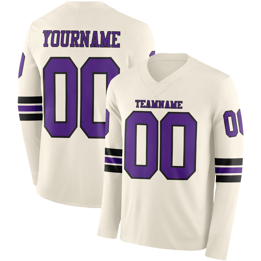 Custom Cream Purple-Black Long Sleeve Authentic Football Jersey
