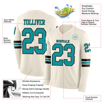 Custom Cream Teal-Black Long Sleeve Authentic Football Jersey