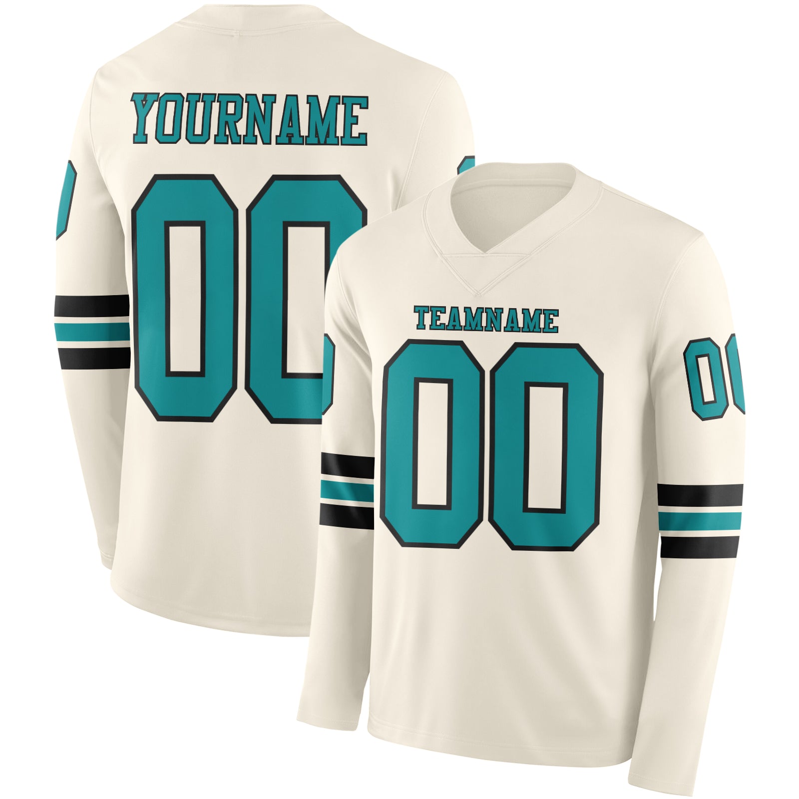 Custom Cream Teal-Black Long Sleeve Authentic Football Jersey