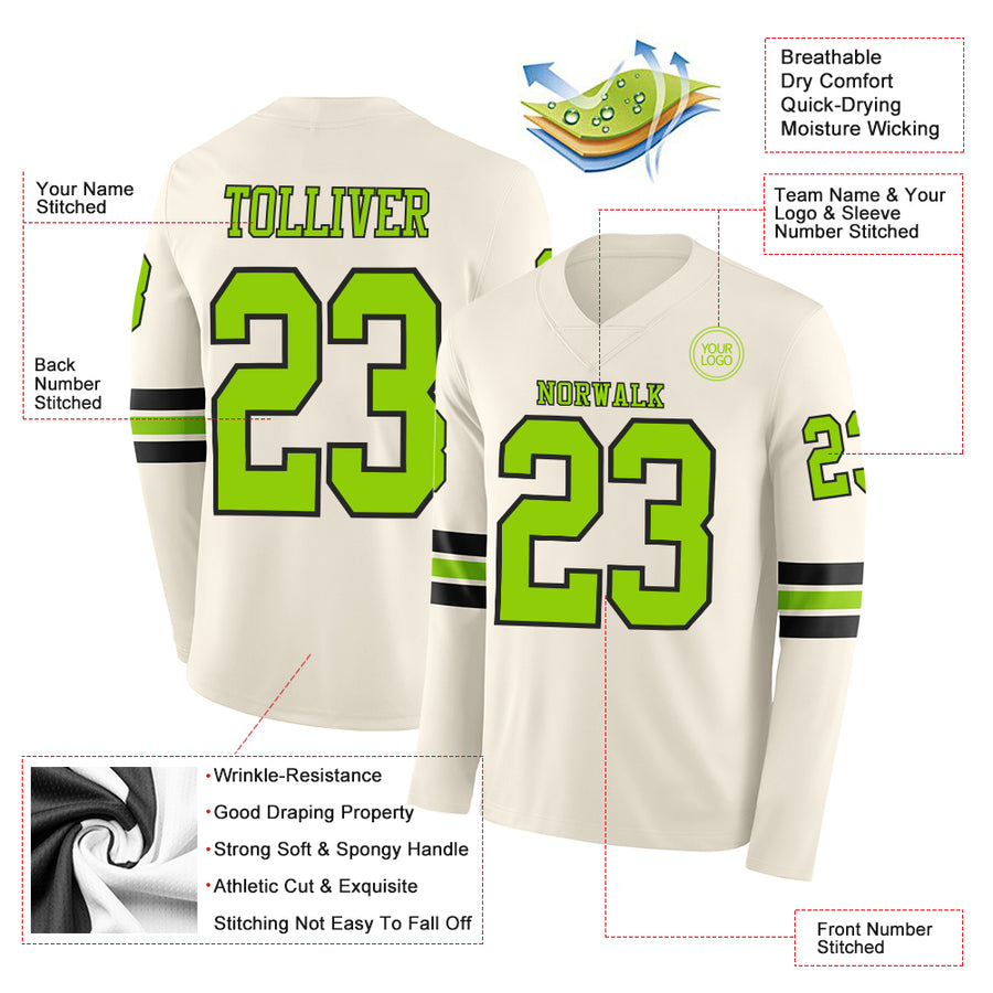 Custom Cream Neon Green-Black Long Sleeve Authentic Football Jersey