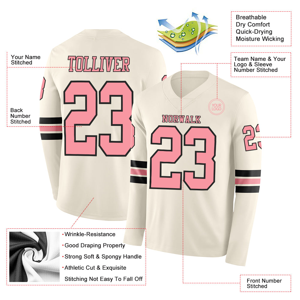 Custom Cream Medium Pink-Black Long Sleeve Authentic Football Jersey