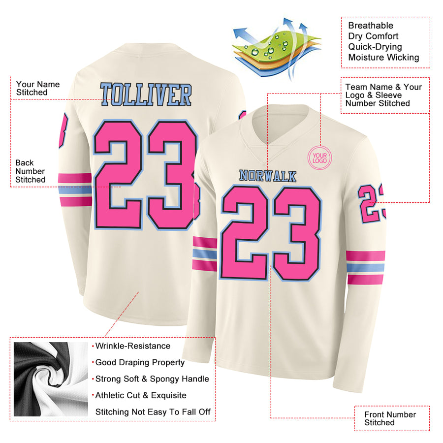 Custom Cream Pink Black-Light Blue Long Sleeve Authentic Football Jersey