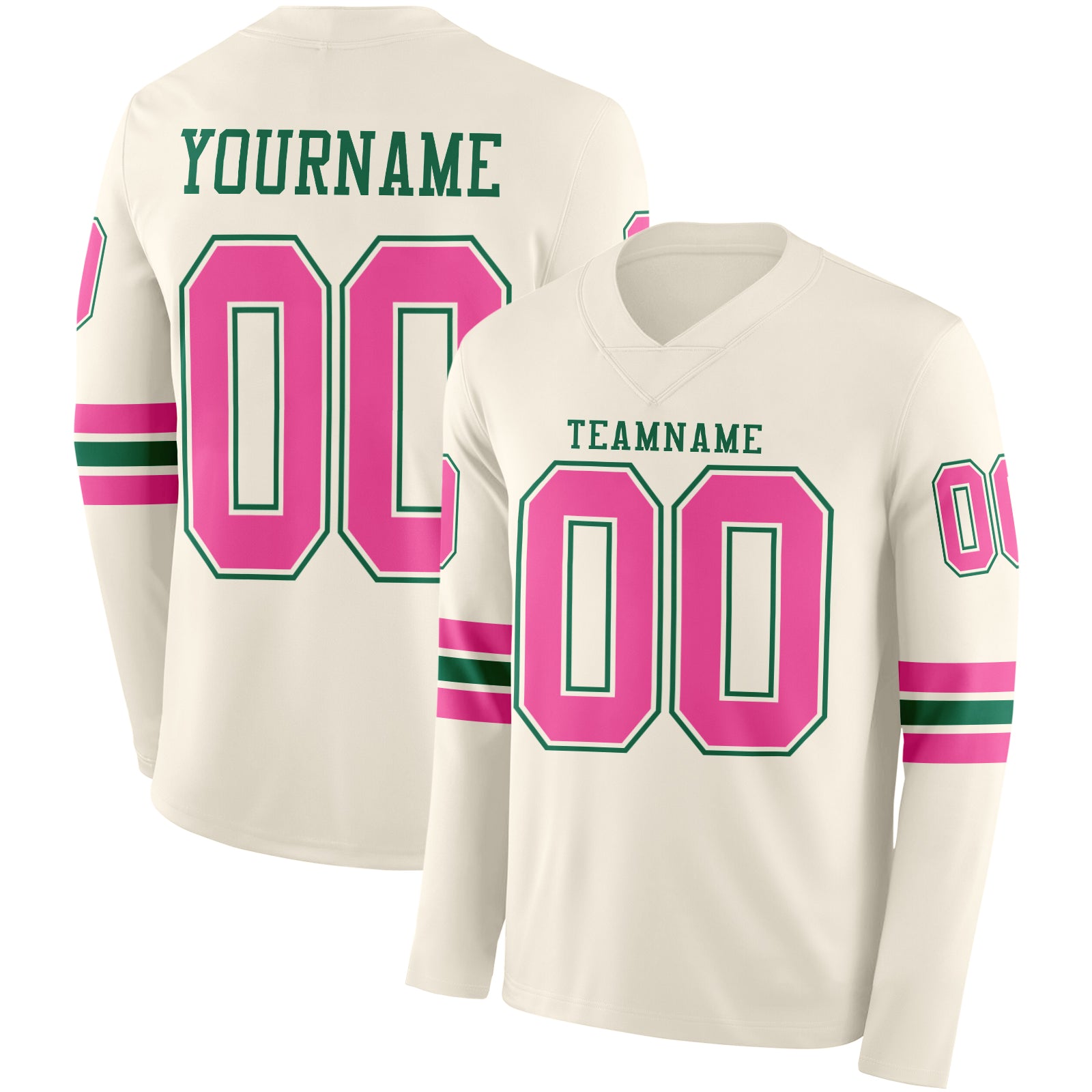 Custom Cream Pink-Kelly Green Long Sleeve Authentic Football Jersey