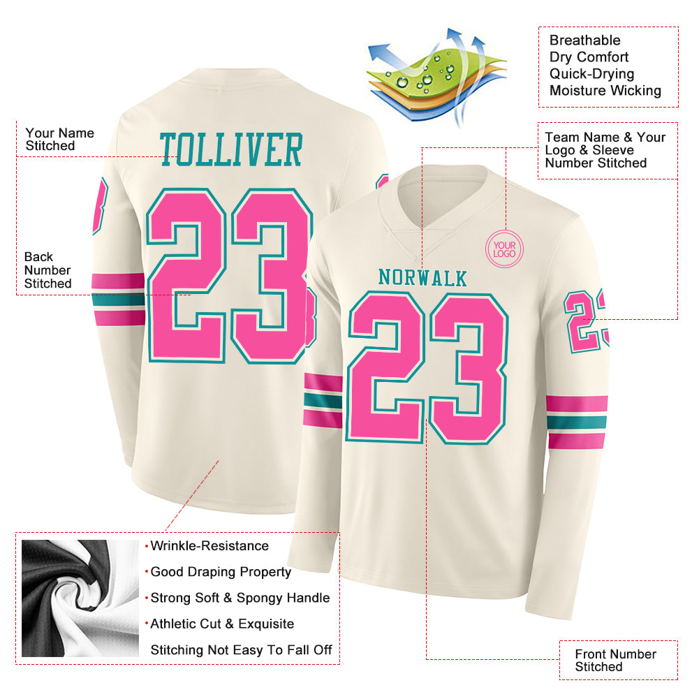 Custom Cream Pink-Teal Long Sleeve Authentic Football Jersey
