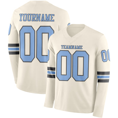 Custom Cream Light Blue-Steel Gray Long Sleeve Authentic Football Jersey