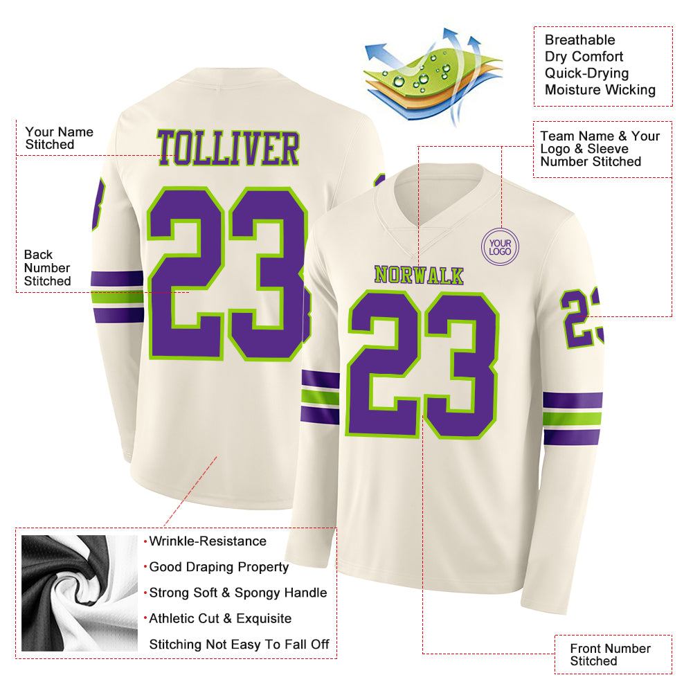 Custom Cream Purple-Neon Green Long Sleeve Authentic Football Jersey