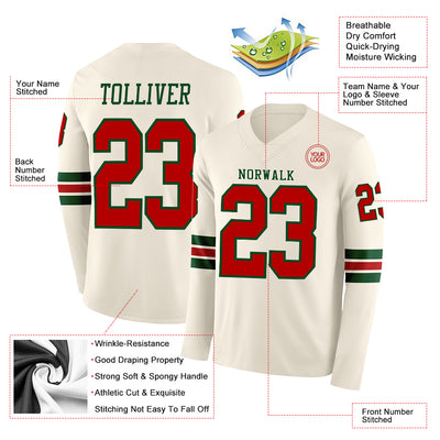 Custom Cream Red-Green Long Sleeve Authentic Football Jersey