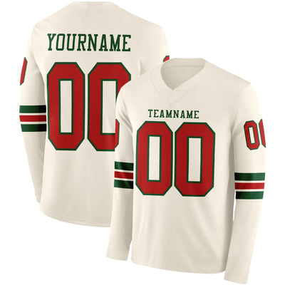 Custom Cream Red-Green Long Sleeve Authentic Football Jersey