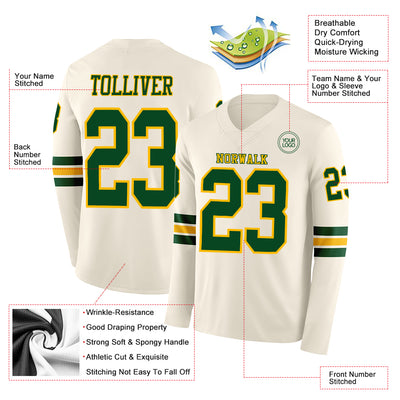 Custom Cream Green-Gold Long Sleeve Authentic Football Jersey