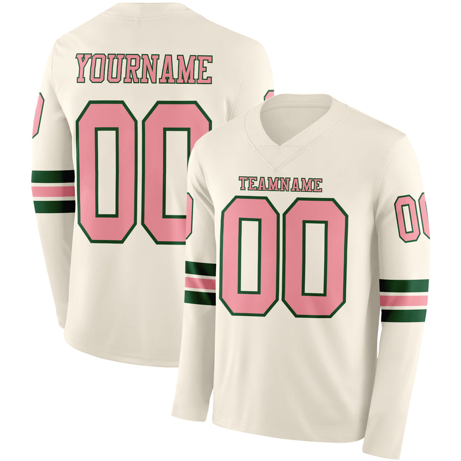 Custom Cream Medium Pink-Green Long Sleeve Authentic Football Jersey