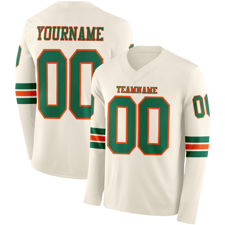 Custom Cream Kelly Green-Orange Long Sleeve Authentic Football Jersey
