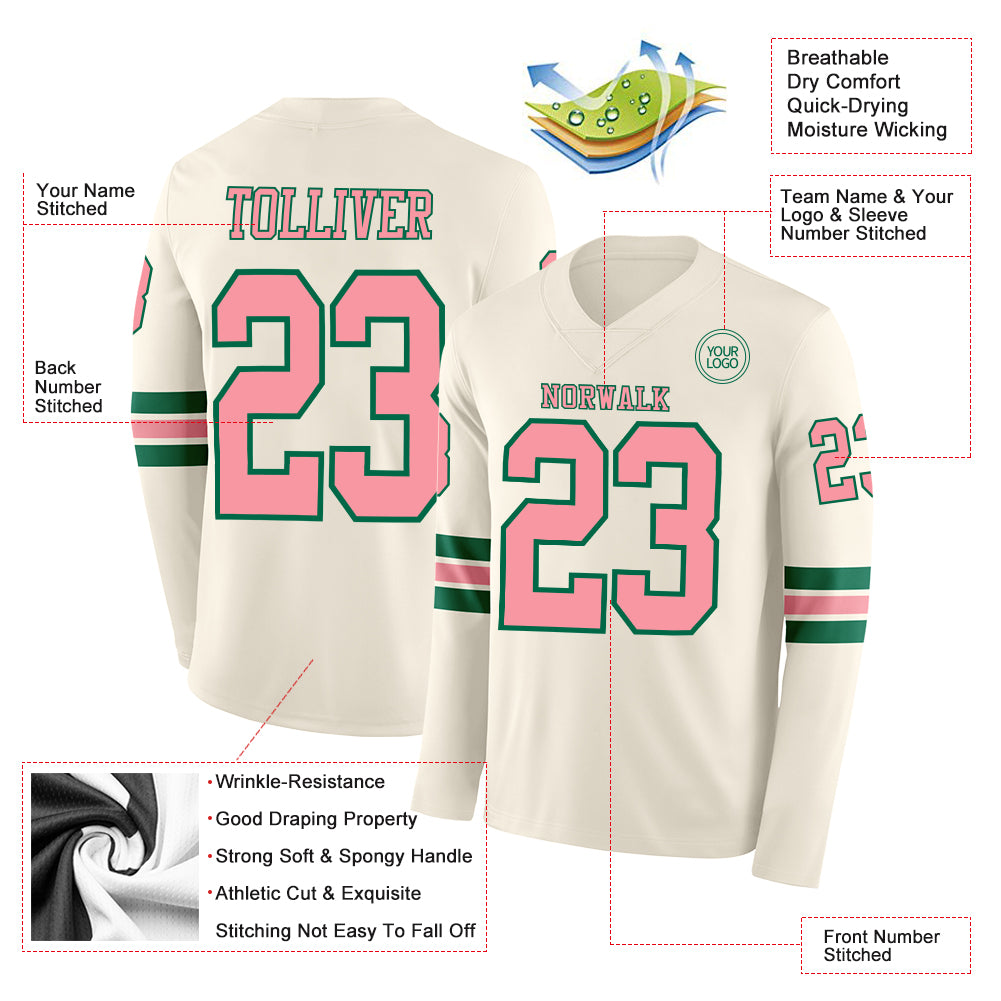Custom Cream Medium Pink-Kelly Green Long Sleeve Authentic Football Jersey