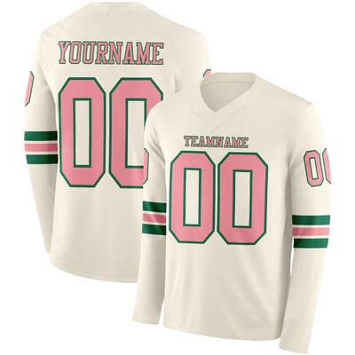 Custom Cream Medium Pink-Kelly Green Long Sleeve Authentic Football Jersey