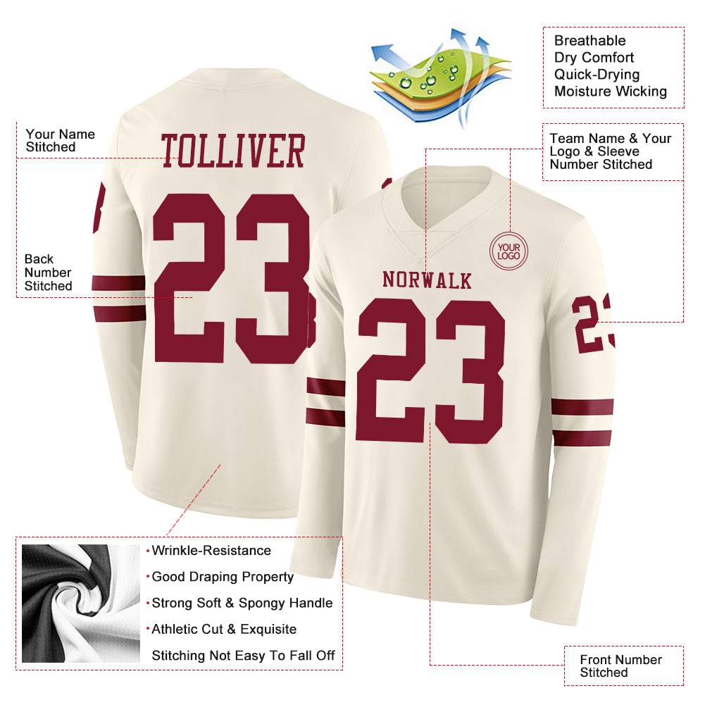 Custom Cream Crimson Long Sleeve Authentic Football Jersey