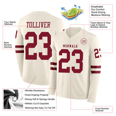 Custom Cream Crimson Long Sleeve Authentic Football Jersey
