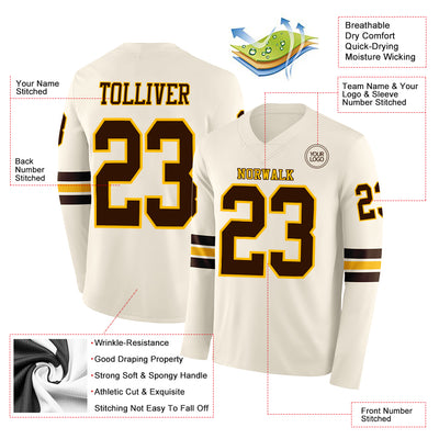 Custom Cream Brown-Gold Long Sleeve Authentic Football Jersey