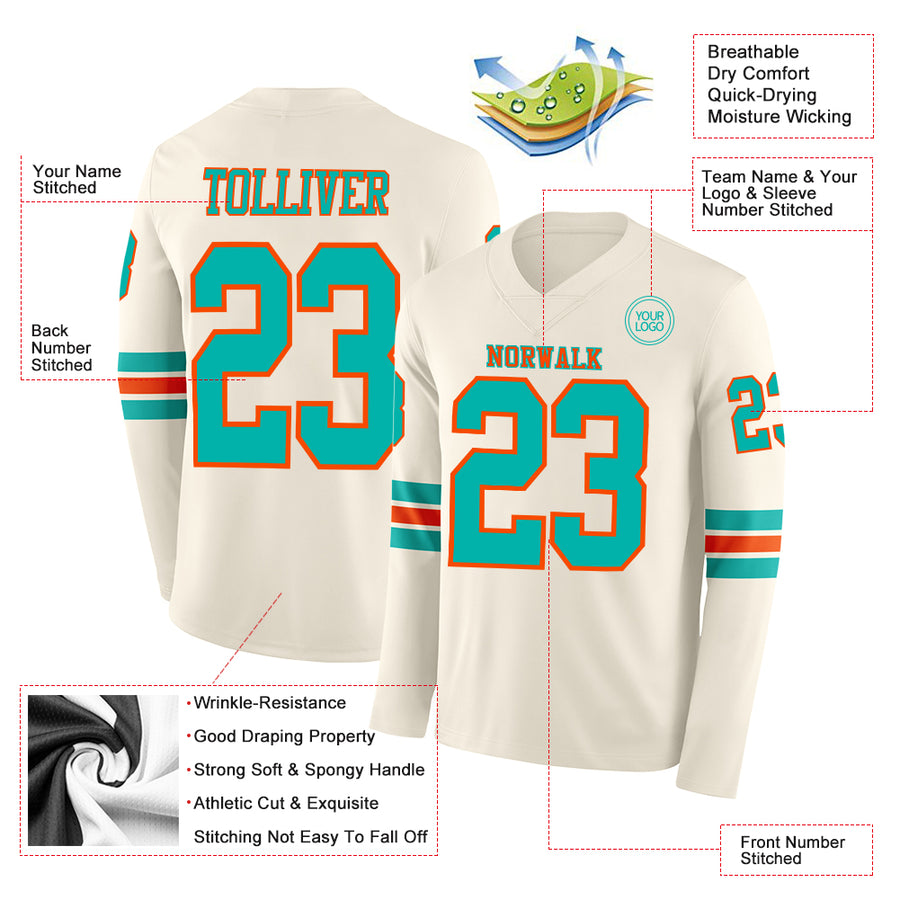 Custom Cream Aqua-Orange Long Sleeve Authentic Football Jersey