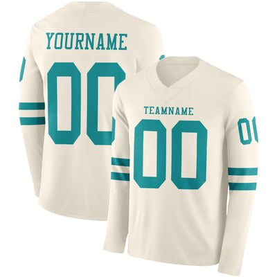 Custom Cream Teal Long Sleeve Authentic Football Jersey