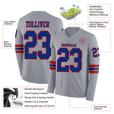 Custom Gray Royal-Red Long Sleeve Authentic Football Jersey